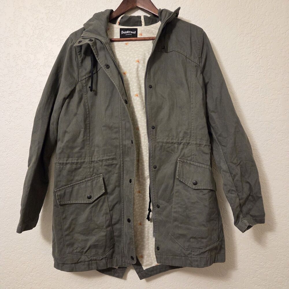 Betabrand Morning Mess Women's Medium Olive Green Twill Hooded Jacket Zip Snap